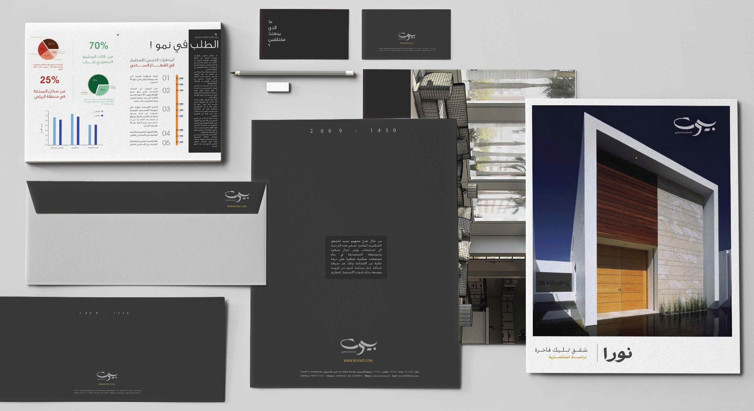 Noura dark identity system with letterhead and envelopes
